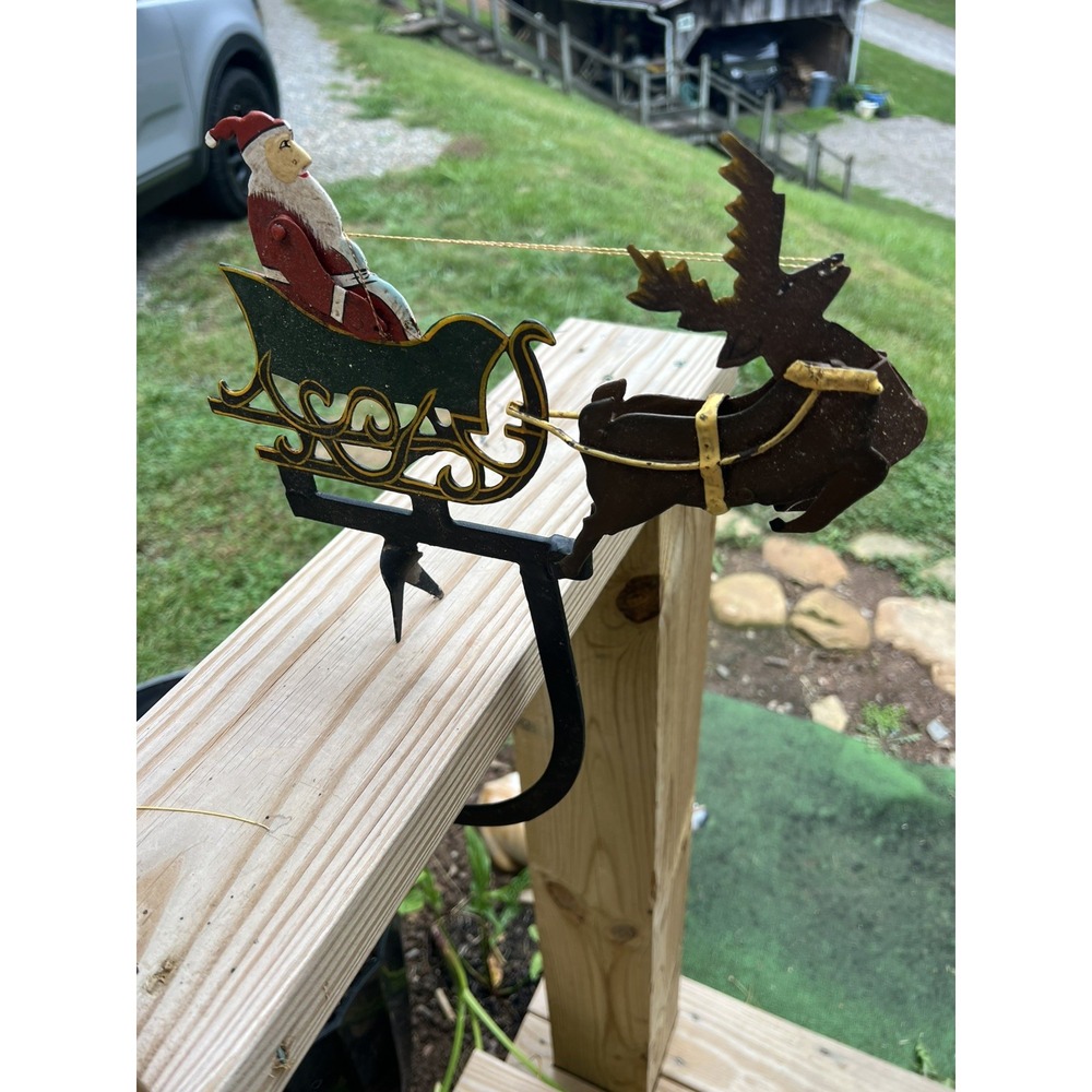 VTG Folk Art cast Iron Pendulum Santa Sleigh & Reindeer Christmas Decor Rocking